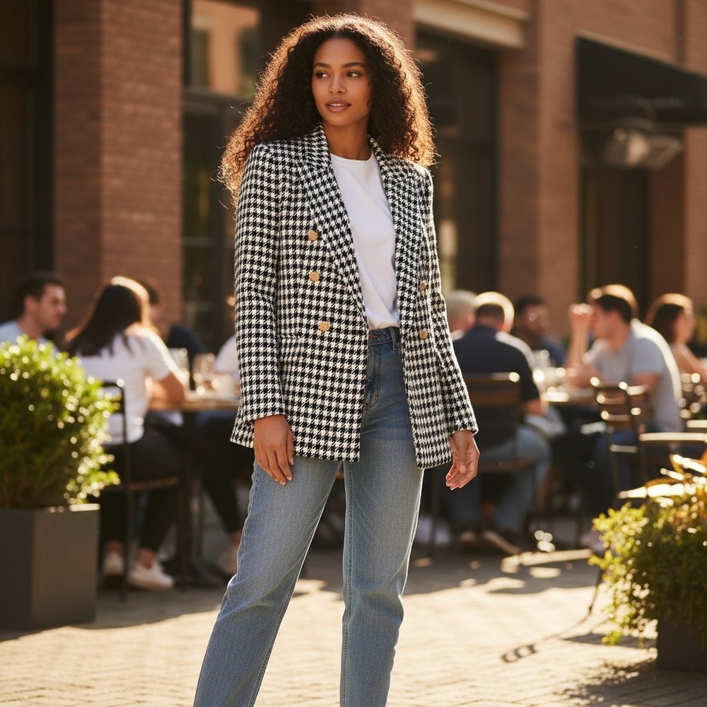 Zara Houndstooth Double Breasted Blazer Jacket Womens Medium Tweed Pearl Buttons